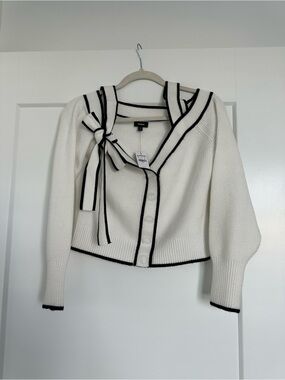 Express Off Shoulder White Knit Cardigan with Black Trim